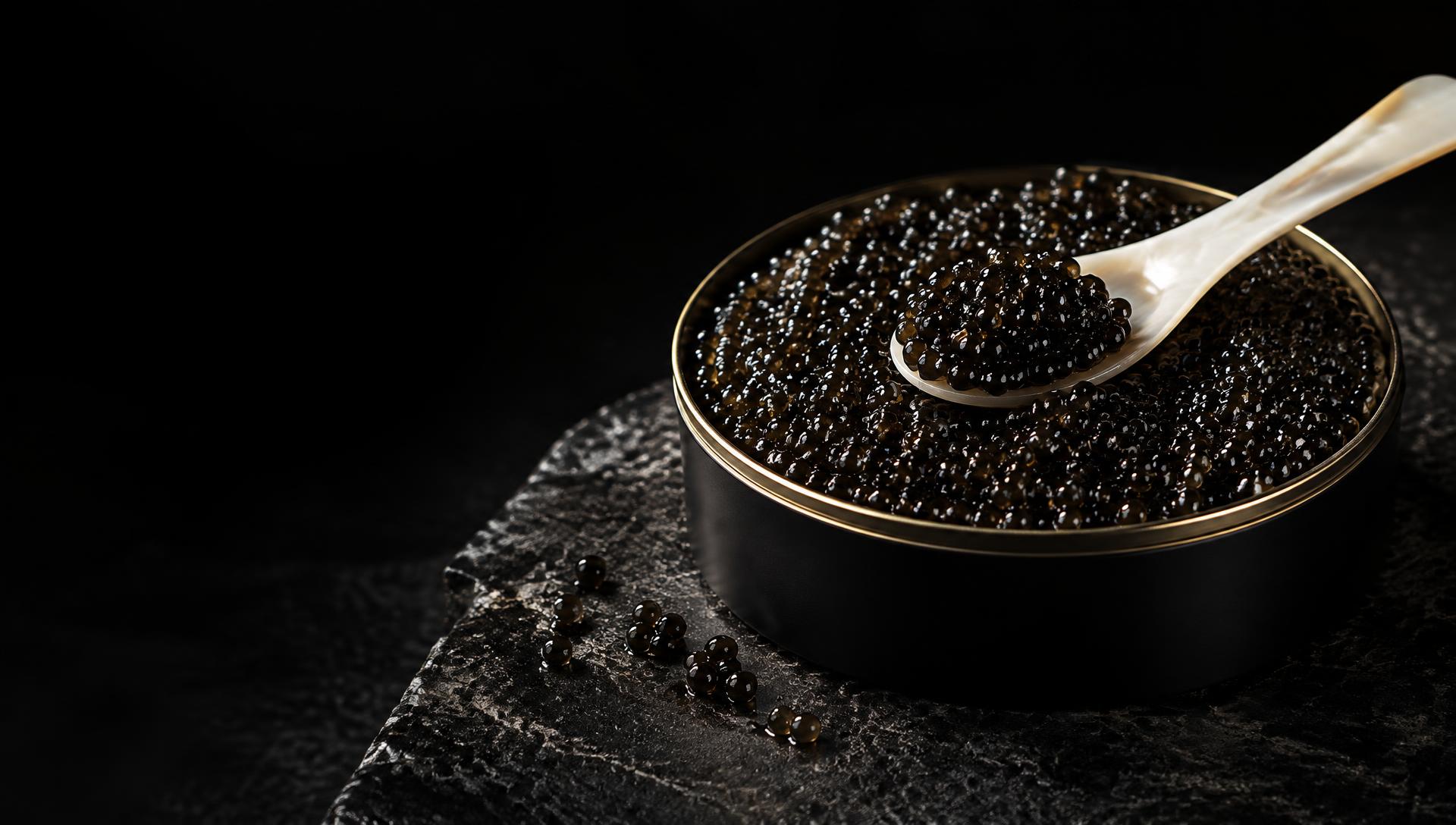 Exceptional caviar with a mother-of-pearl spoon on dark stone